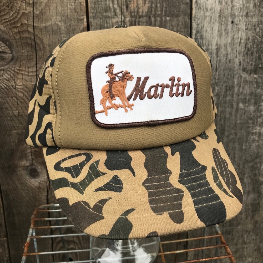 Vintage 70s-80s Marlin Firearms Camo 5 Panel Game Stalker Snapback Hat